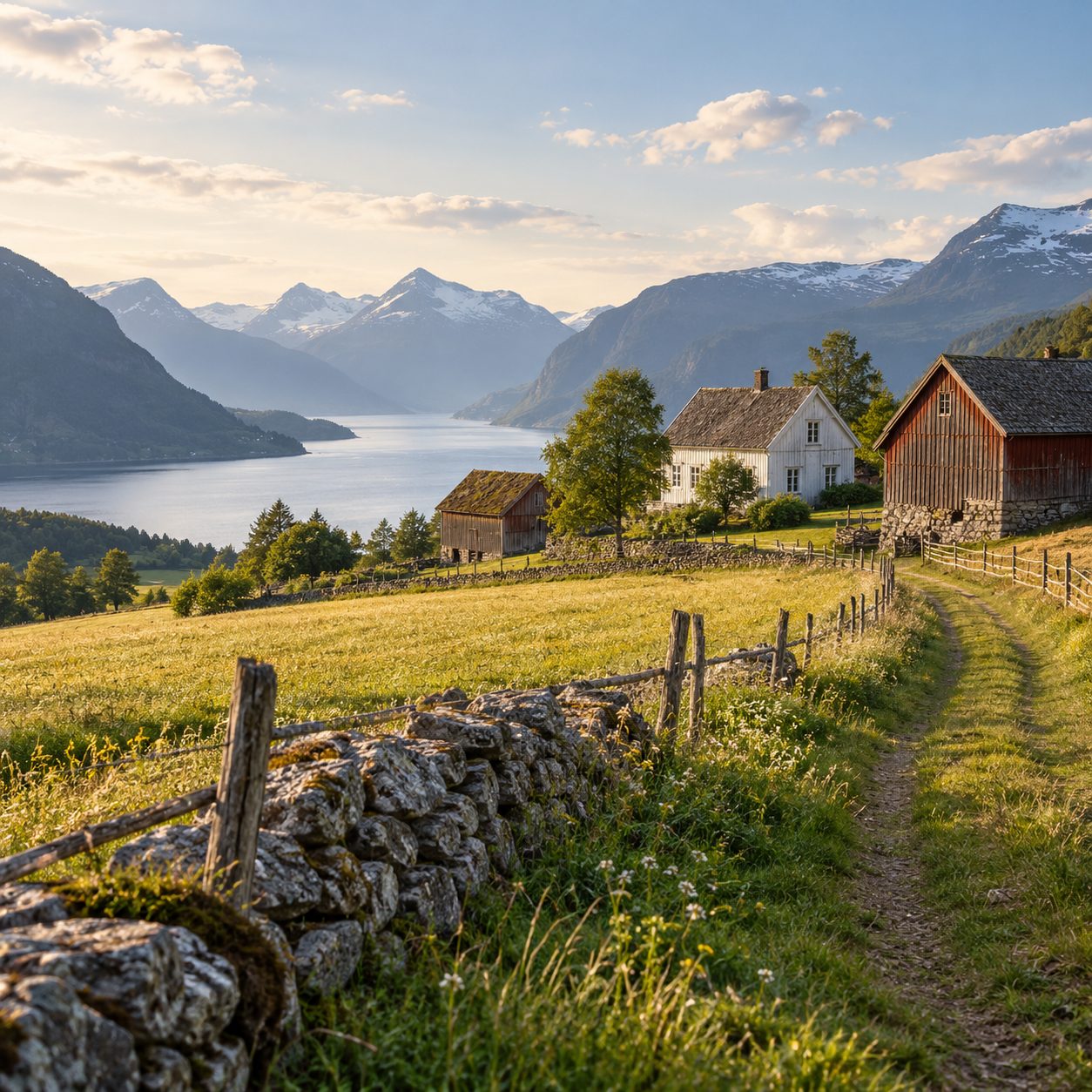 Gårdstun i fjordlandskap i kveldslys: hvitt bolighus og rødmalt låve ved et steingjerde, en grusvei i forgrunnen og snødekte fjell bak fjorden.