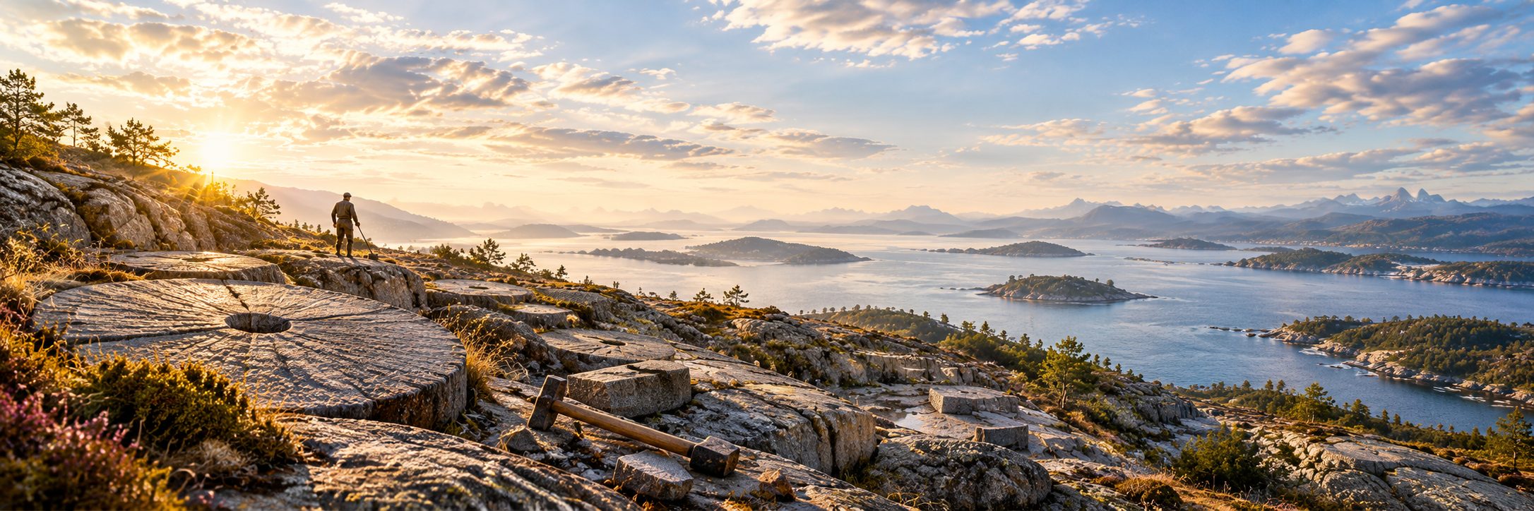 Steinhugger står på en bergknaus i morgenlys, med en uferdig kvernstein og en slegge i forgrunnen og skjærgården bak.