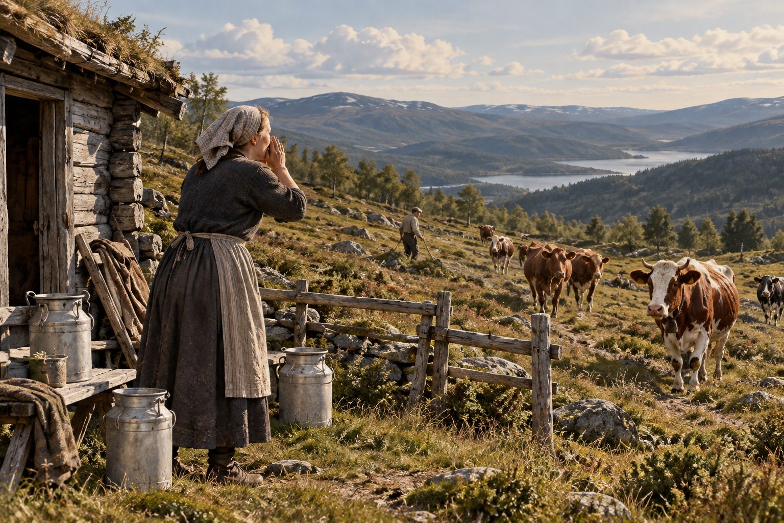 En budeie roper med hendene rundt munnen foran et seterhus med torvtak, mens kuer kommer ned lia og melkespann står klare.