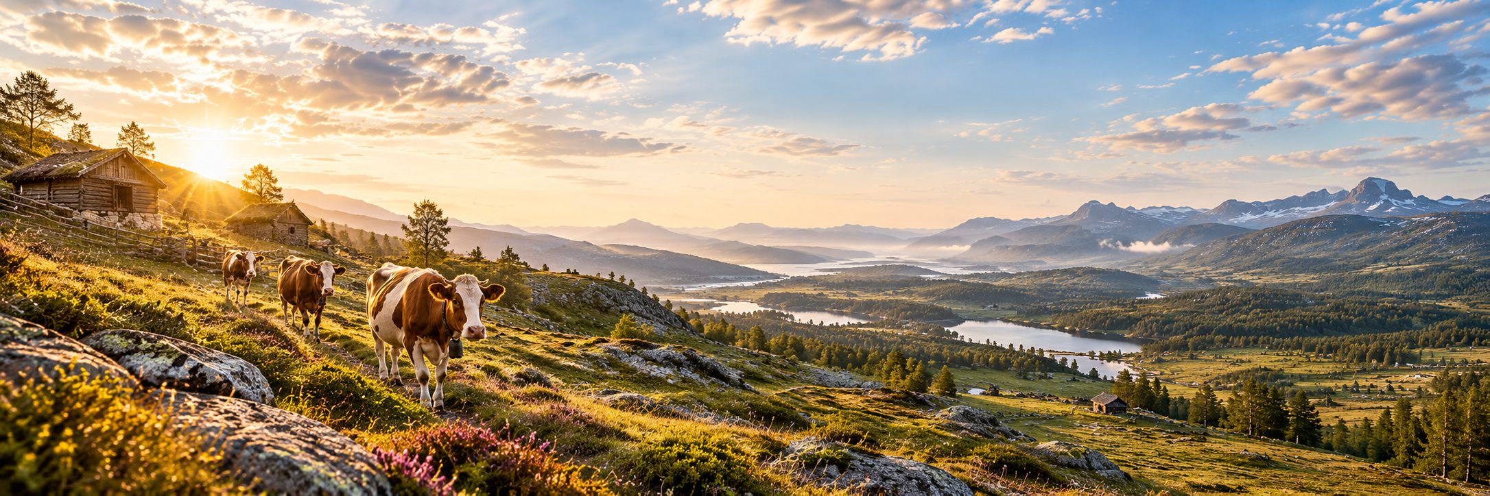 Brune og hvite kuer på en seterli i morgensol, med seterhus i tre og en dal med innsjøer og fjell bak.