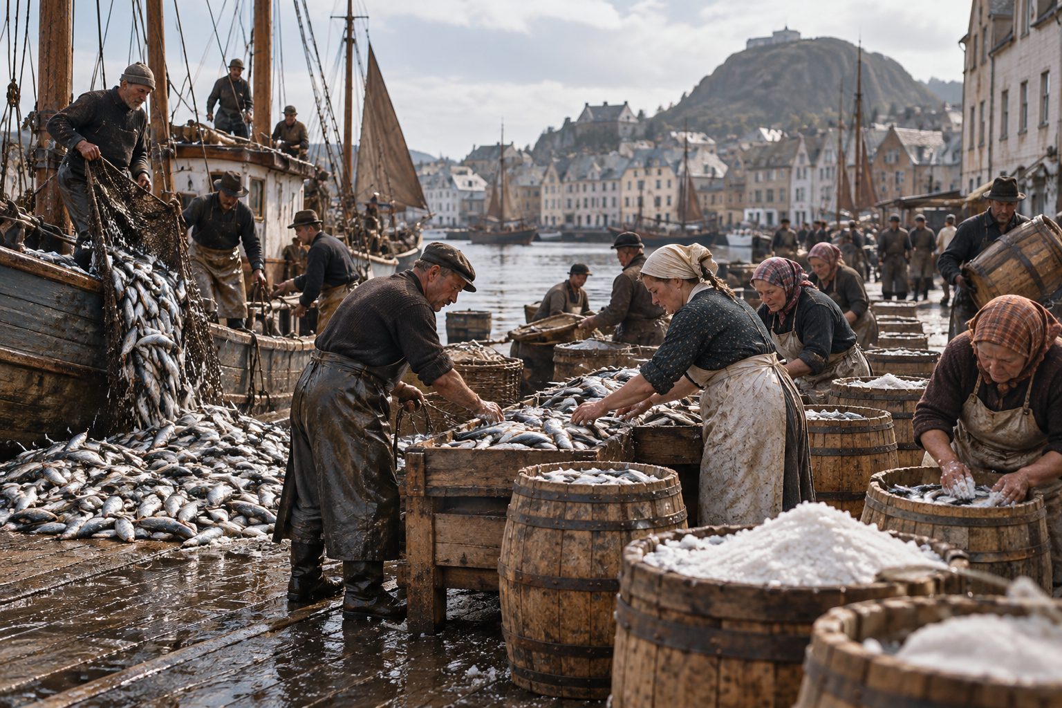 Kvinner og menn sorterer og salter sild i tønner på kaia, mens en notfangst loses fra en tremastet båt.