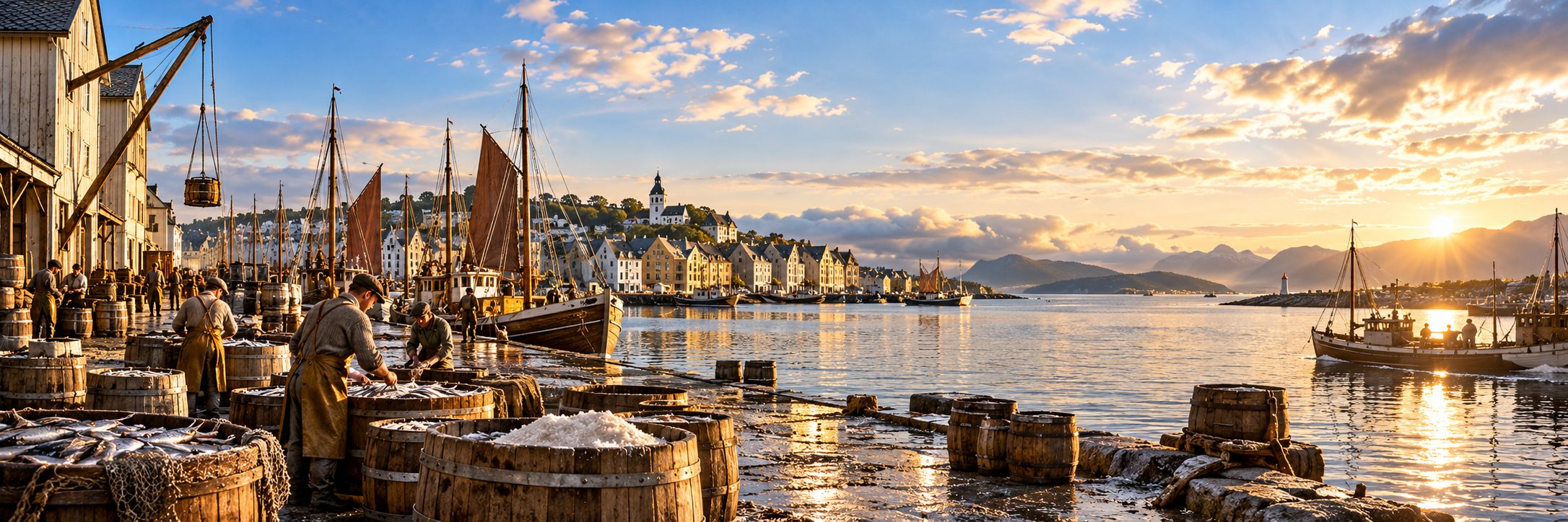 Kaia i Ålesund i kveldssol: arbeidere ved sildetønner med fisk og salt, seilbåter ved kaia og byen i bakgrunnen.