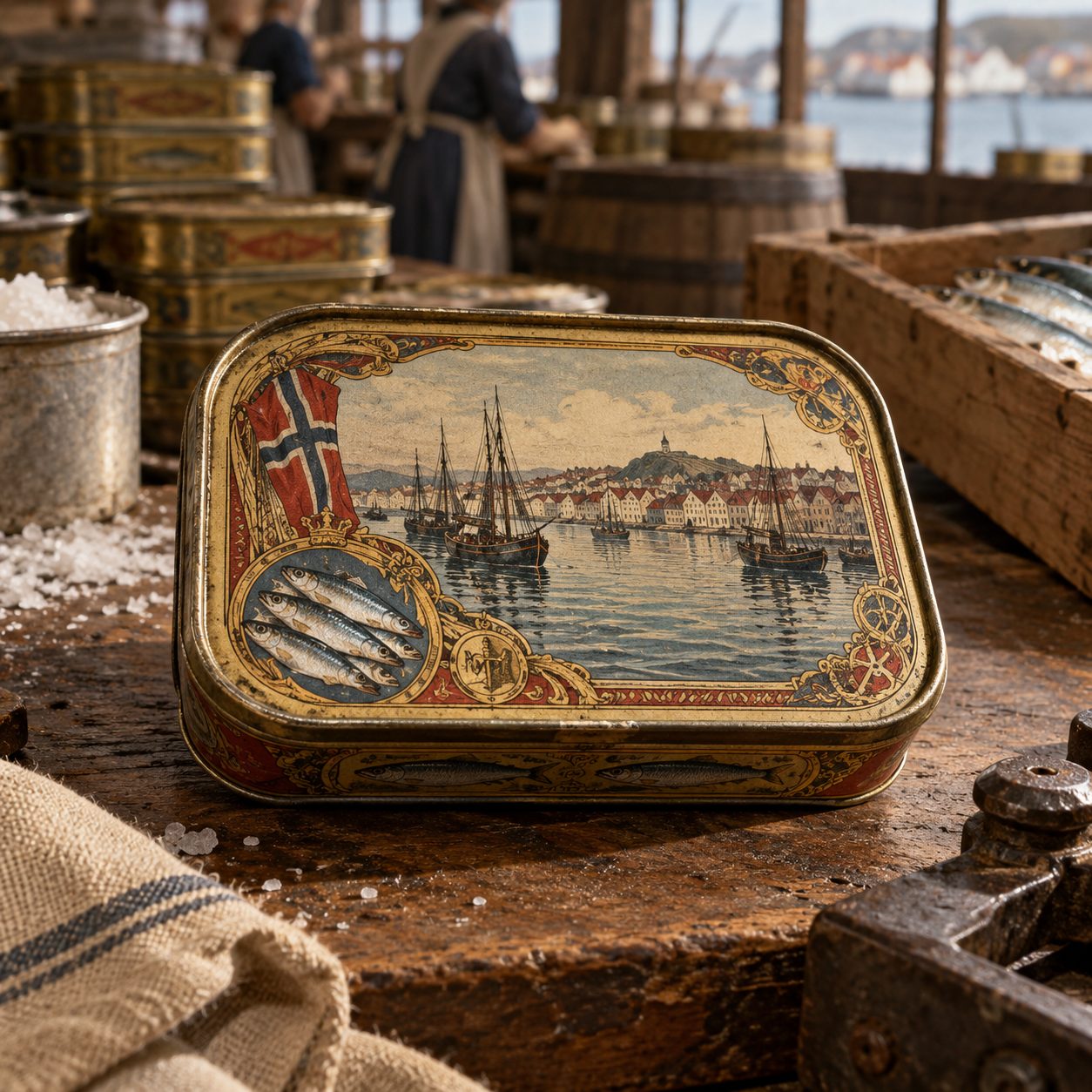 En gammel, dekorert hermetikkboks med iddis av en havn med seilskuter og norsk flagg, på et fabrikkbord.