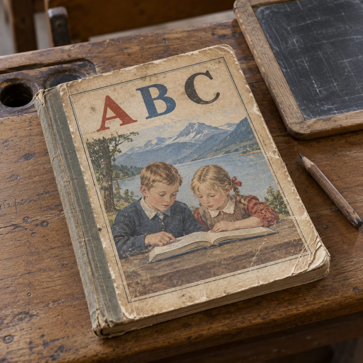 En gammel ABC-bok med slitt omslag og to barn som leser, på en skolepult ved siden av en griffeltavle og en blyant.