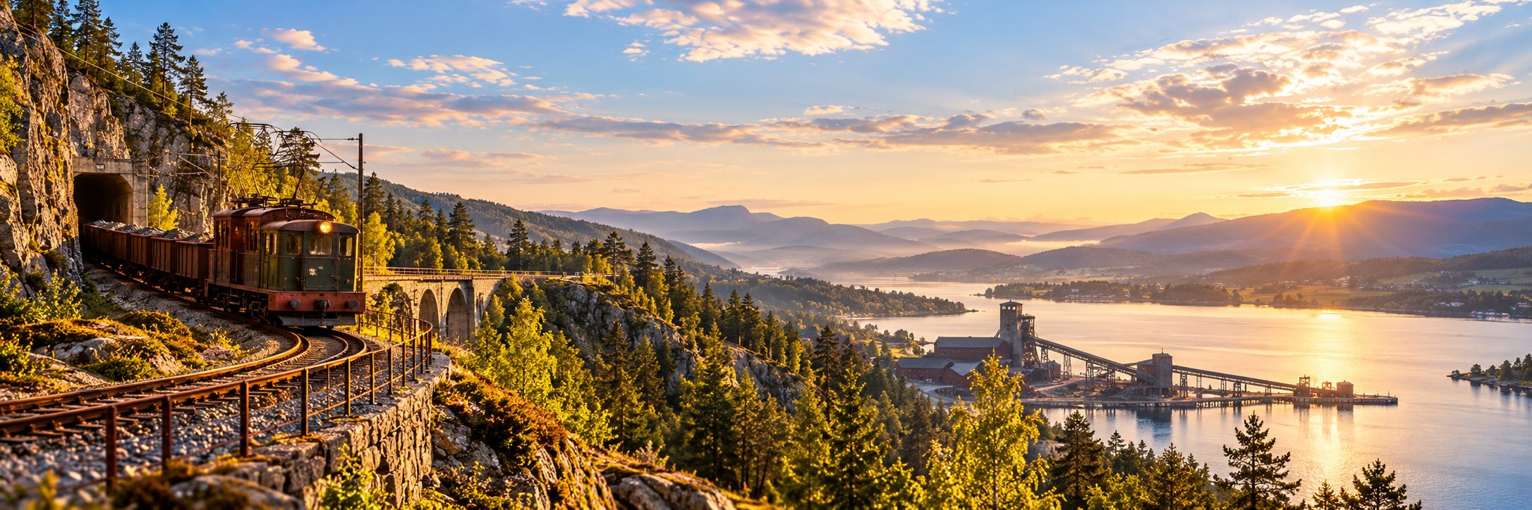 Elektrisk malmtog på en fjellhylle ved en steinbro, med kaianlegg og fjord i solnedgang.