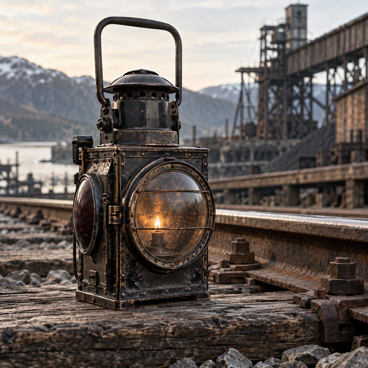 En gammel jernbanelykt i sort metall med et lys i, stående på en sville ved skinnene, med industrianlegg og fjell bak.