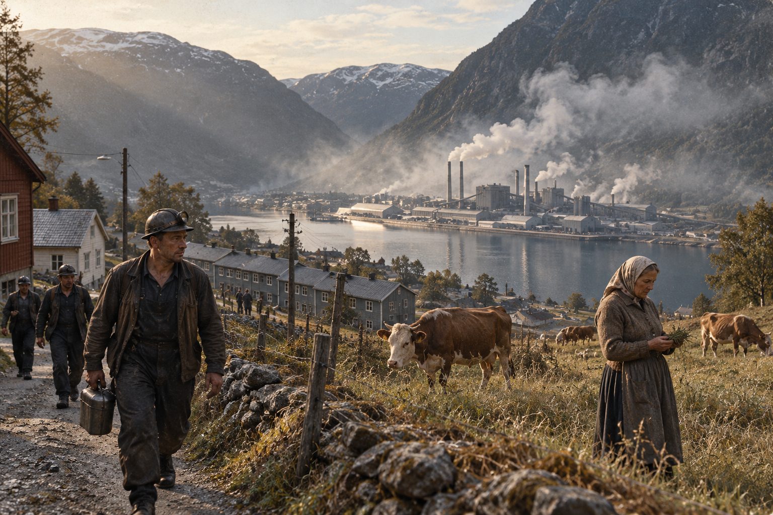 En gruvearbeider med hjelm og matboks går hjem langs en grusvei, mens en kvinne og kuer står på beitet ved smelteverket som ryker langs fjorden.