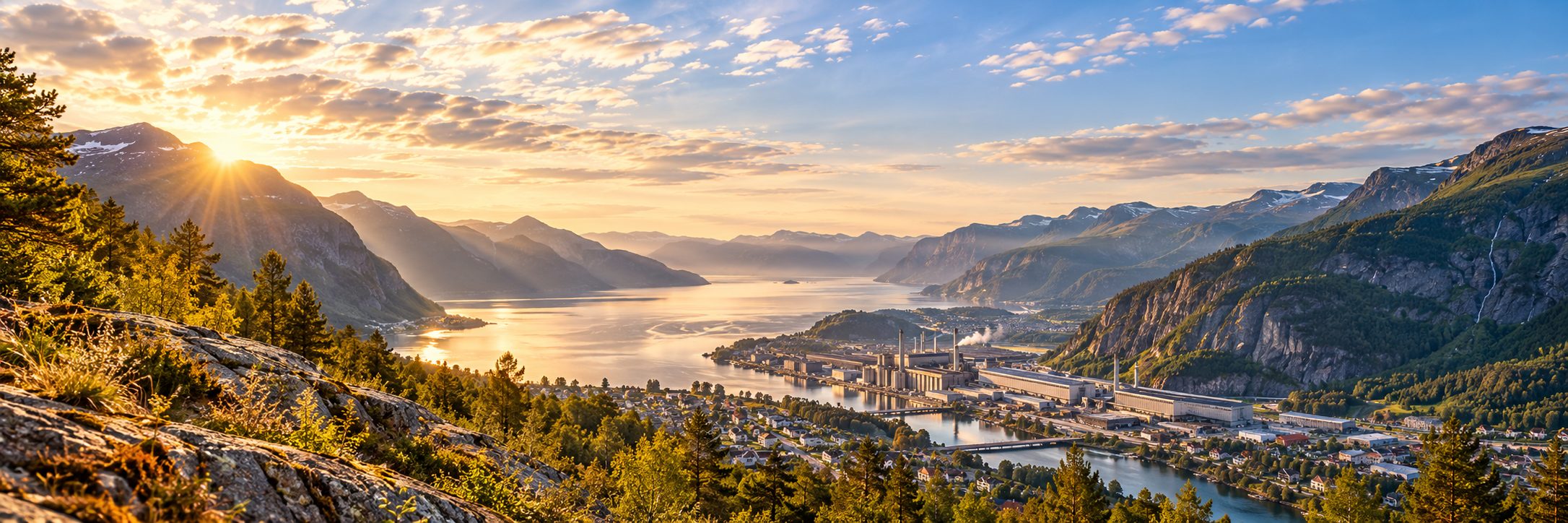 Fjord og dalside i morgensol, med smelteverk og boligfelt langs elva og fjell på begge sider.