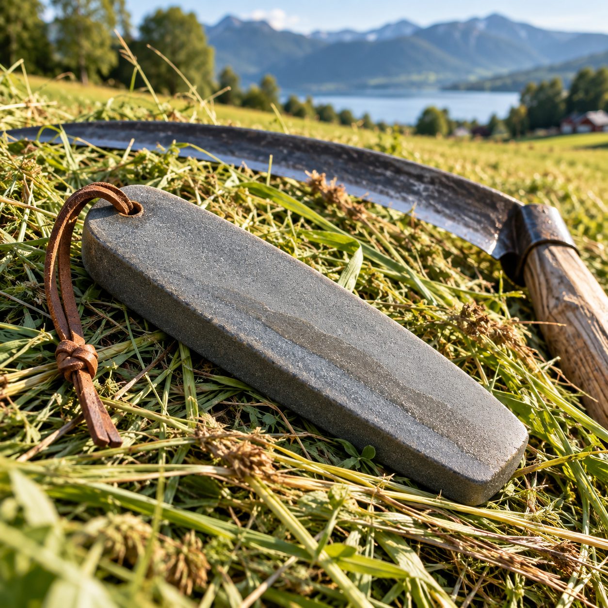 Et bryne i grå stein med lærreim, liggende på nyslått høy ved bladet på en ljå, med fjord og fjell bak.